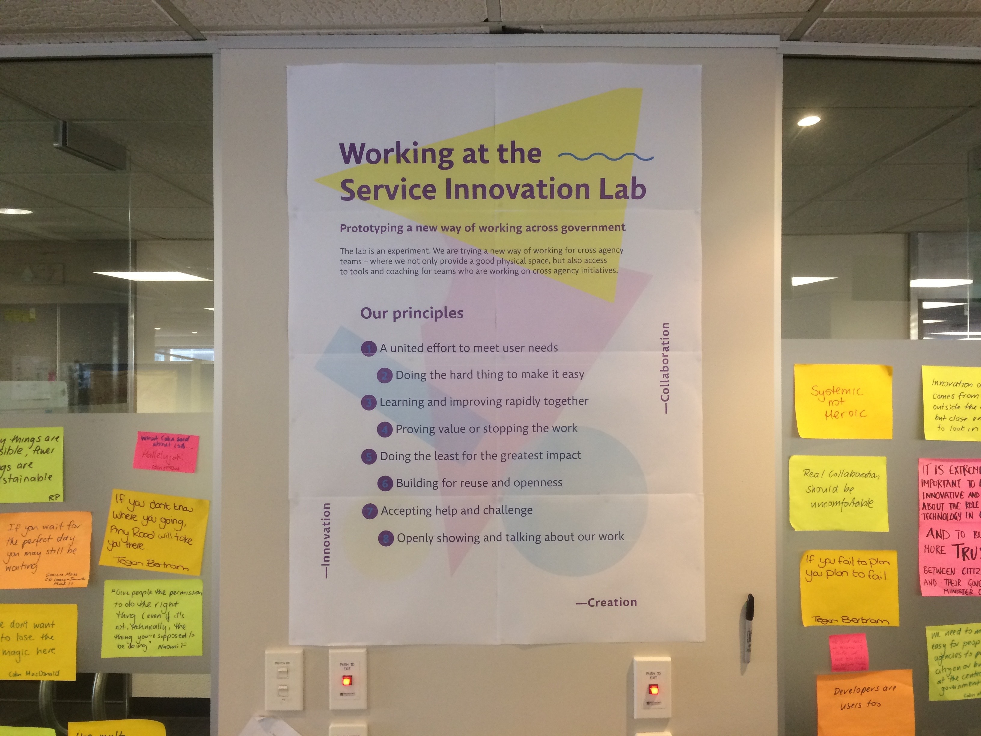 A poster on a wall states principles of collaboration for working at the Service Innovation Lab, surrounded by sticky notes.