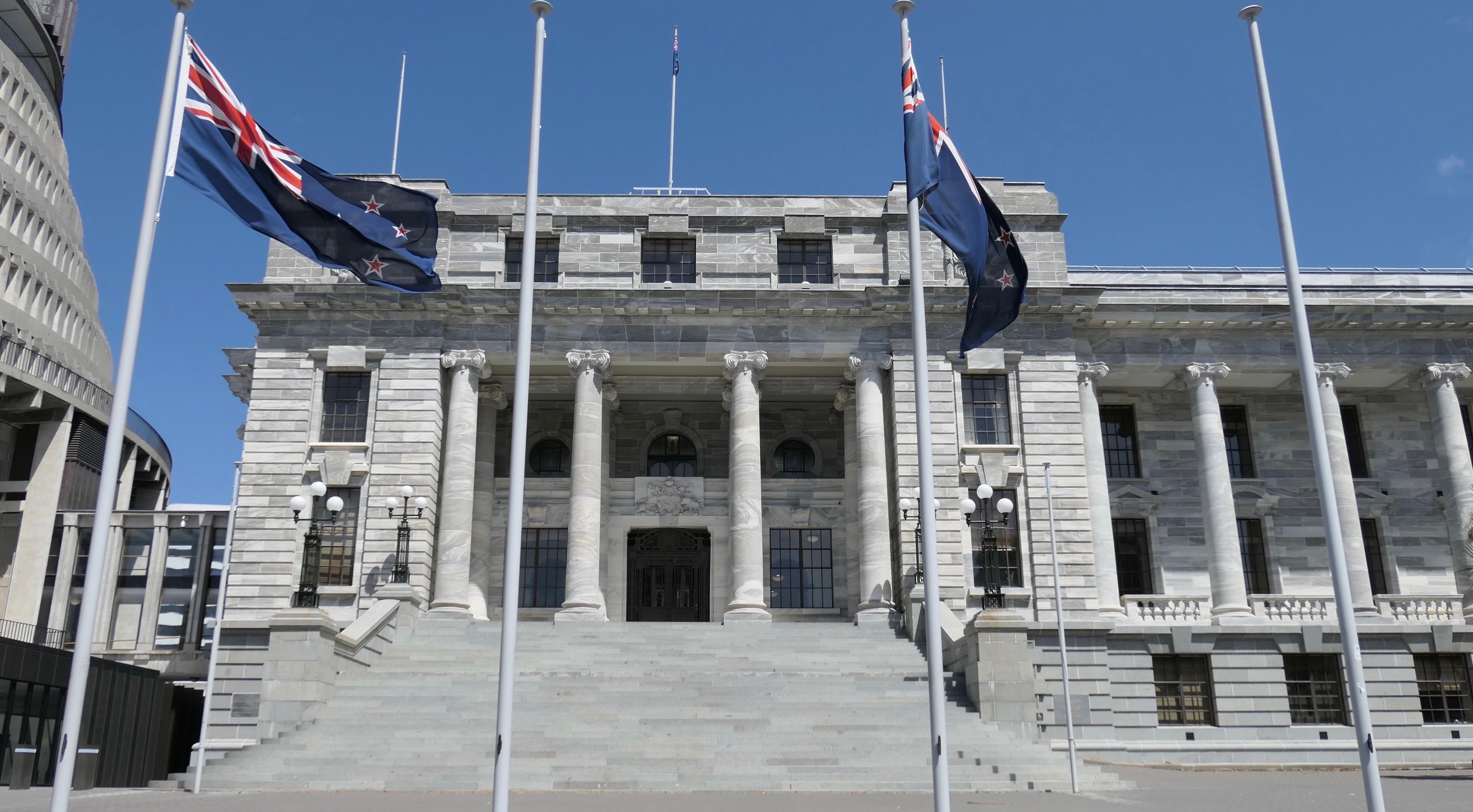 Parliament House with New Zealand flags